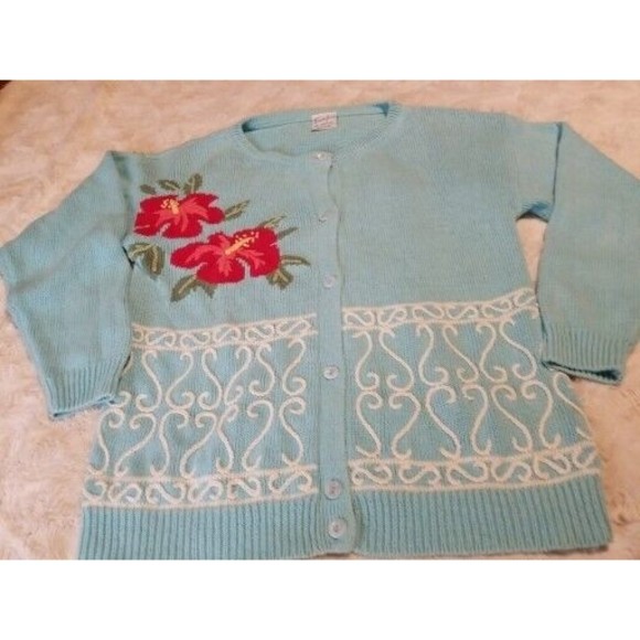 Vintage Trimingham's Bermuda Sweater Cardigan Small Blue Embroidered Floral - Picture 7 of 16